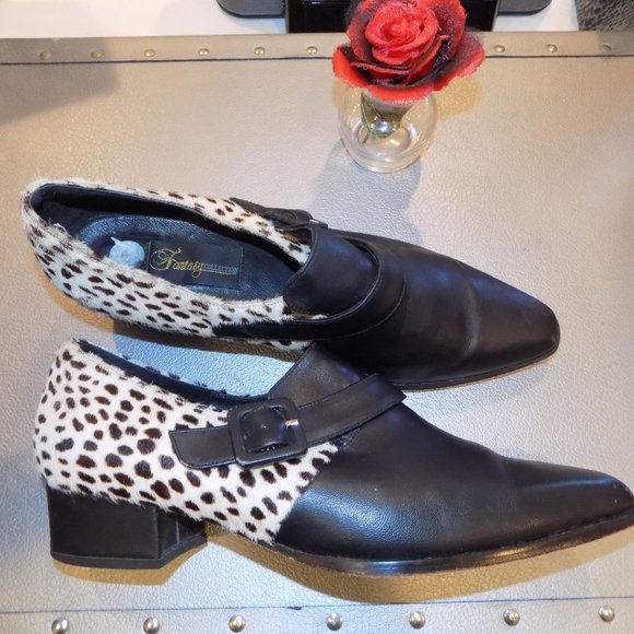 FANTASY Vintage Black Leather Cheetah Cowhide Buckle Ladies Shoes Size 10 - Picture 1 of 3